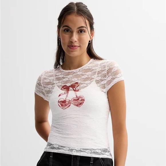 Sugar Moon CHERRY Short Sleeve Lace Cropped Tee - XL - Picture 1 of 5